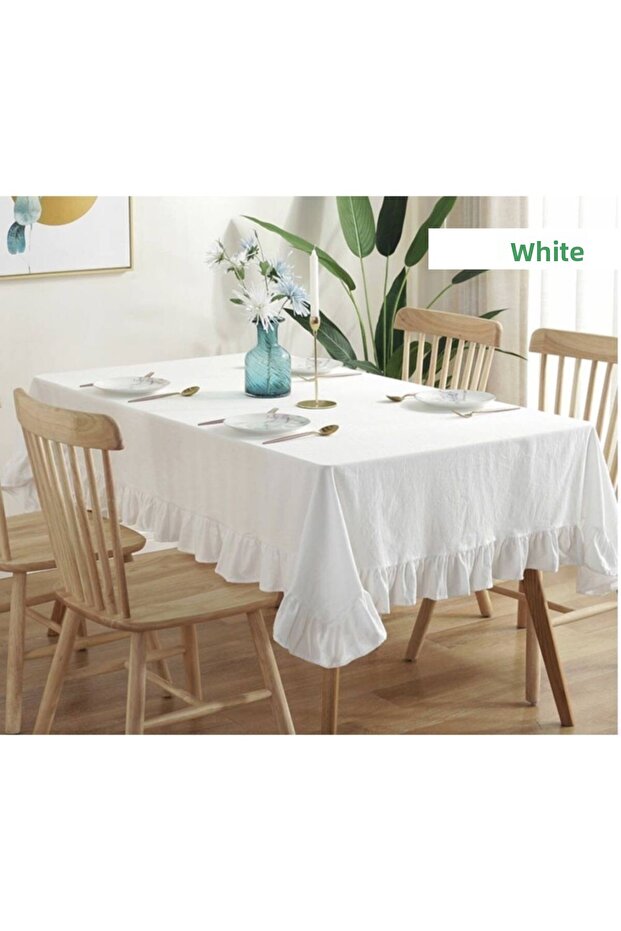 WHITE Ruffled Natural Vintage Tablecloth / Sofa Cover