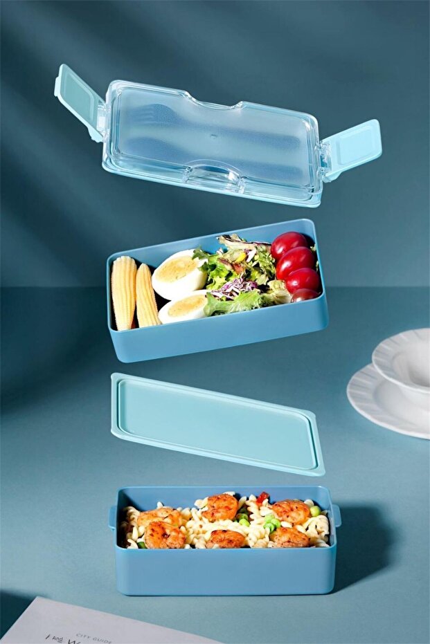 Layers Blue 2 Tier Storage Container Lunch Box with Fork and Spoon - Lunch Box with Nutrition Compartments - 3