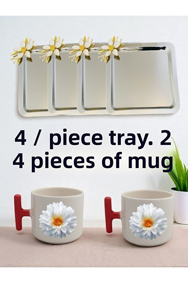 4-Piece Daisy Tray Coffee Presentation Tray 21X21 cm - 2-Piece Daisy Red Coffee Cup with Handles