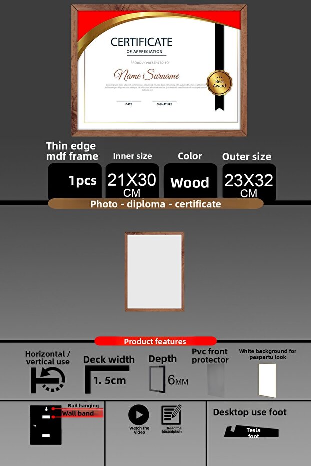 1 قطعة إطار 21x30 - إطار A4 ذو شرائح رفيعة - إطار خشبي - إطار شهادة الصور