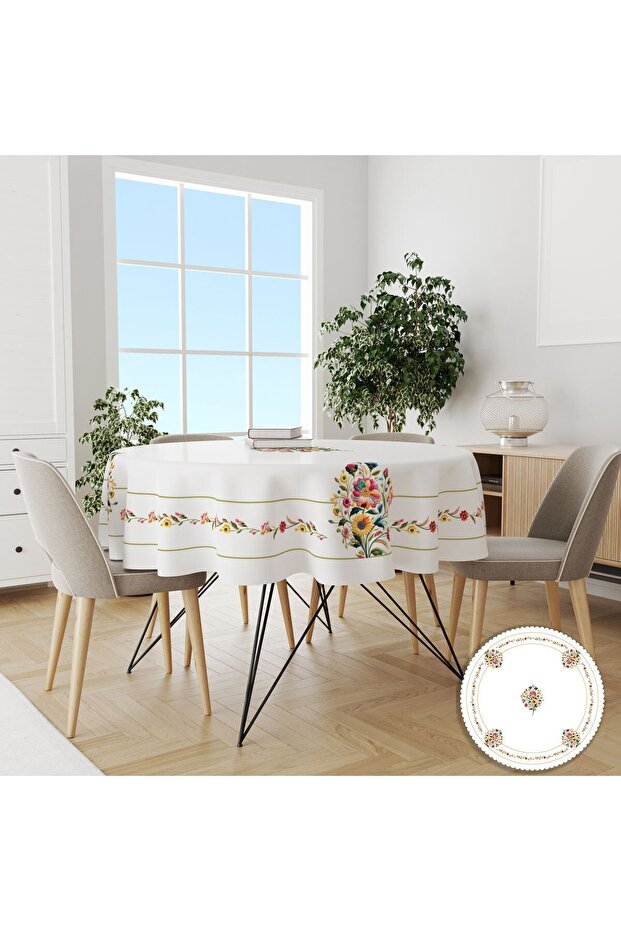 Round Punch Floral Textured Patterned Linen-Effect Easy-Care Tablecloth