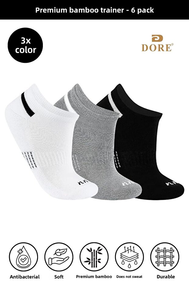 Original Unisex 6 Pairs Premium Bamboo Trainer Sweat Absorbing Breathable Short Sports Socks - Black White Grey