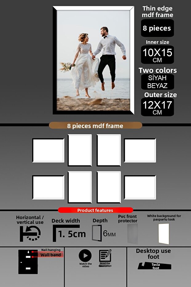 8 قطع إطار 10x15 - إطار شرائح رفيع - لونين أسود وأبيض - إطار صور بإطار 6 مم