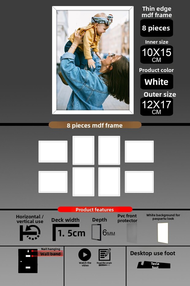 8 قطع بإطار 10x15 - إطار ذو شرائح رفيعة - إطار أبيض - إطار 6 مم - إطار صورة