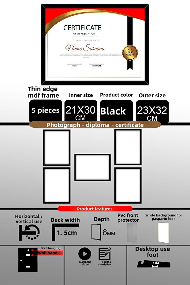 5 قطع إطار 21x30 - إطار A4 ذو شرائح رفيعة - إطار أسود - إطار شهادة الصور
