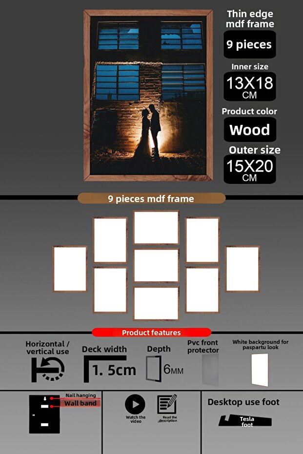 9 قطع إطار 13x18 - إطار شرائح رفيع - إطار خشبي - إطار 6 ملم - إطار صور