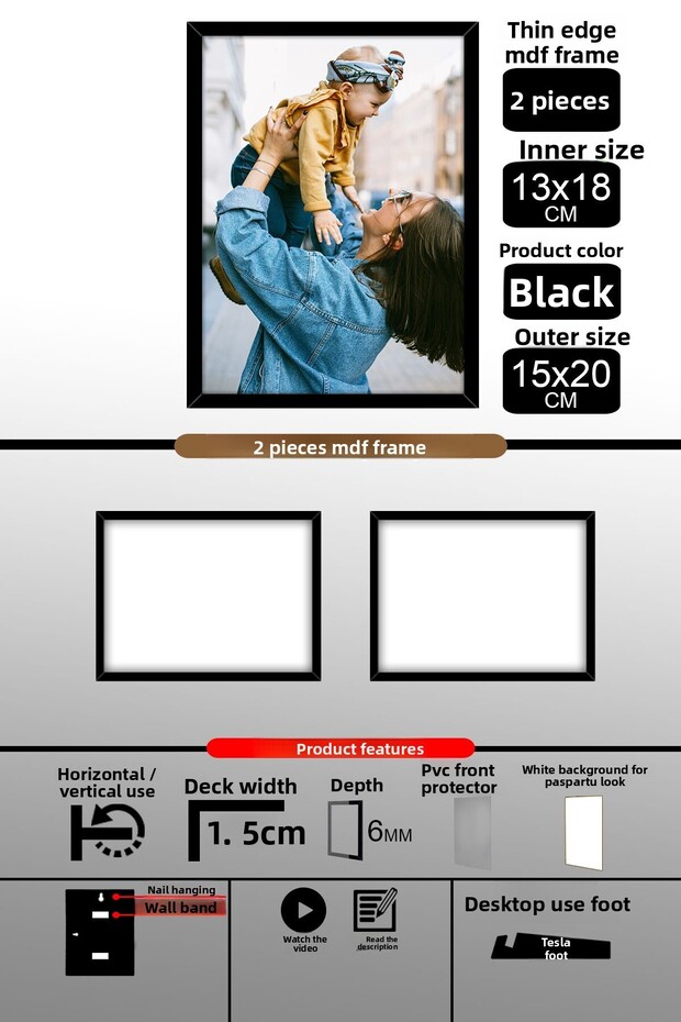 2 قطعة إطار 13x18 - إطار شرائح رفيع - إطار أسود - إطار 6 مم - إطار صور