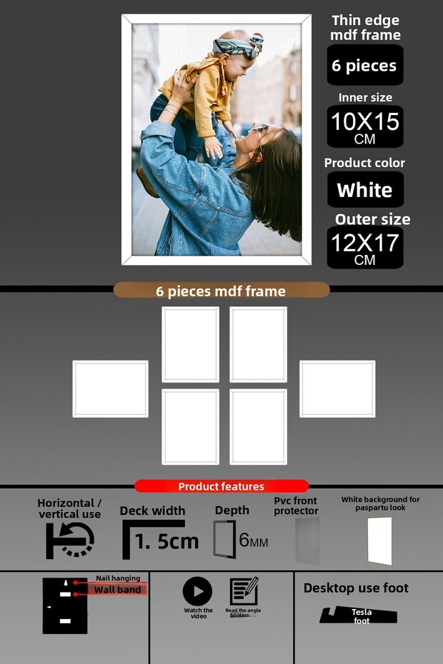 6 قطع إطار 10x15 - إطار شرائح رفيع - إطار أبيض - إطار 6 مم - إطار صور