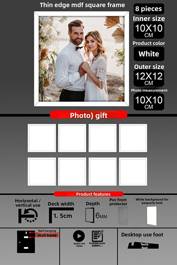 8 قطع إطار 10X10 - إطار شرائح رفيع - إطار أبيض - إطار مربع - إطار صور