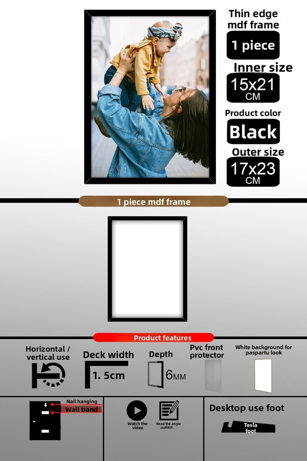 1 قطعة إطار 15x21 - إطار A5 ذو شرائح رفيعة - إطار أسود - 6 مم - إطار صورة