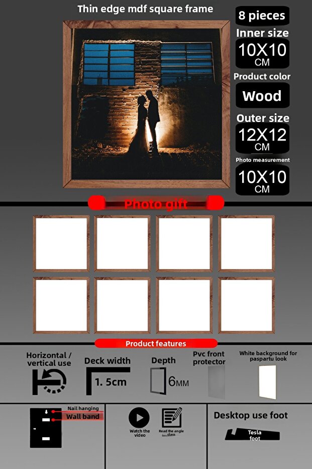 8 قطع إطار 10X10 - إطار شرائح رفيع - إطار خشبي - إطار مربع - إطار صورة