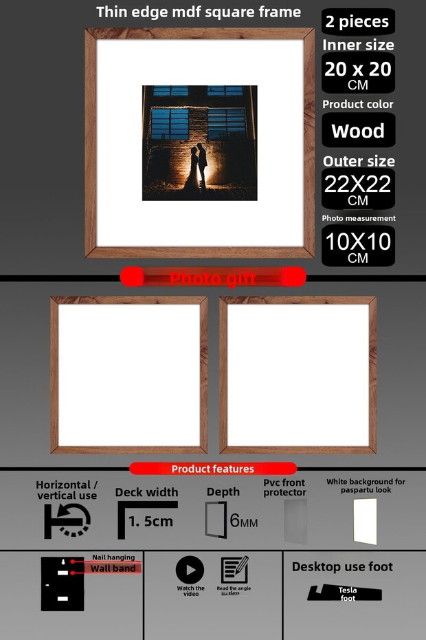 2 قطعة إطار 20x20 - إطار شرائح رفيع - إطار خشبي - إطار مربع - إطار صور