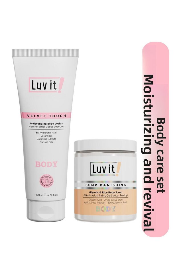 2-Piece Body Care Set with Rice Extract, Ceramide and Hyaluronic Acid - Body Scrub and Body Lotion