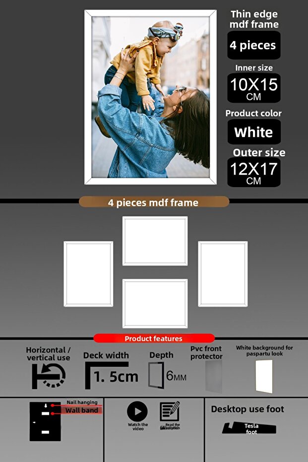 4 قطع إطار 10x15 - إطار شرائح رفيع - إطار أبيض - إطار 6 مم - إطار صورة