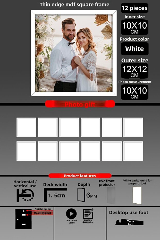 12 قطعة إطار 10X10 - إطار شرائح رفيع - إطار أبيض - إطار مربع - إطار صور