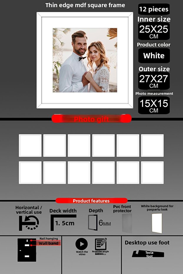 12 قطعة إطار 25x25 - إطار شرائح رفيع - إطار أبيض - إطار مربع - إطار صور