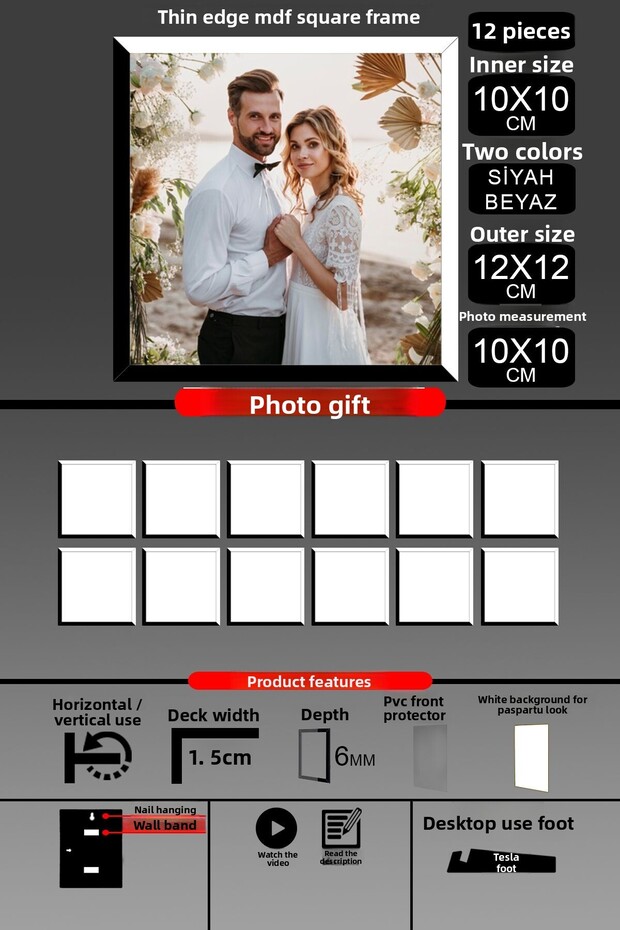 12 قطعة إطار 10X10 - إطار شرائح رفيع - لونين أسود وأبيض - إطار صور مربع