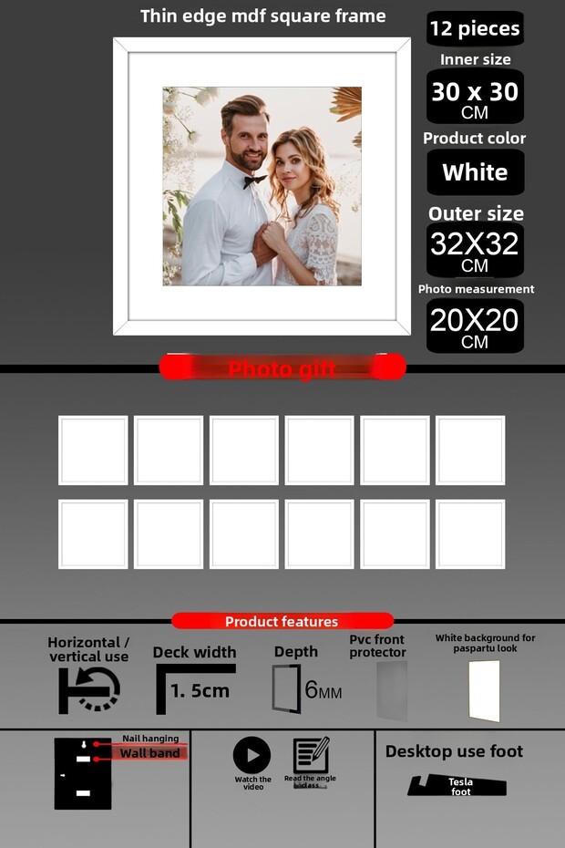 12 قطعة إطار 30x30 - إطار شرائح رفيع - إطار أبيض - إطار مربع - إطار صور
