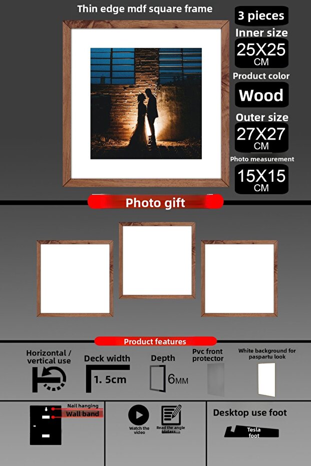 3 قطع إطار 25x25 - إطار شرائح رفيع - إطار خشبي - إطار مربع - إطار صور