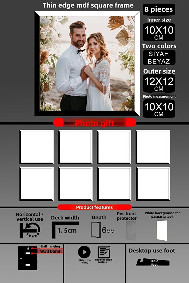 8 قطع إطار 10X10 - إطار شرائح رفيع - لونين أسود وأبيض - إطار صور مربع