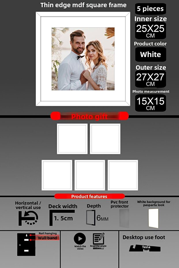 5 قطع بإطار 25x25 - إطار شرائح رفيع - إطار أبيض - إطار مربع - إطار صور