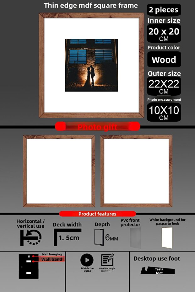 2 قطعة إطار 20x20 - إطار شرائح رفيع - إطار خشبي - إطار مربع - إطار صور