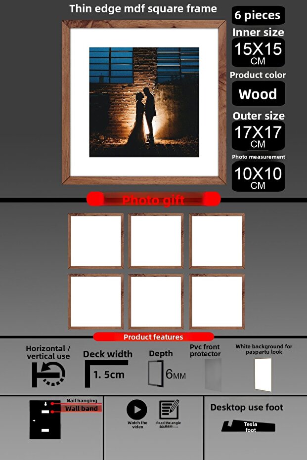 6 قطع إطار 15x15 - إطار شرائح رفيع - إطار خشبي - إطار مربع - إطار صور