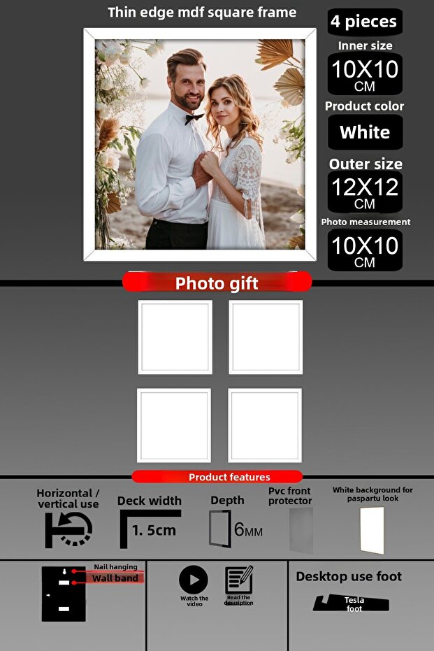 4 قطع إطار 10X10 - إطار شرائح رفيع - إطار أبيض - إطار مربع - إطار صورة