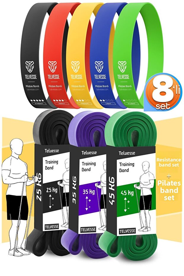 8-Piece Giga Set 25+35+45 kg + 5-Piece Pilates Resistance Band Diaphragm Rubber Loop Band Mix Tone
