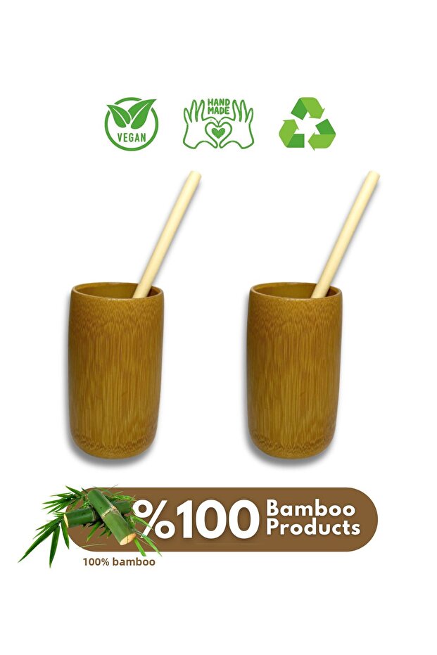 Set of 2 Bamboo Cups, 2 Bamboo Straws and 1 Bamboo Straw Cleaning Brush