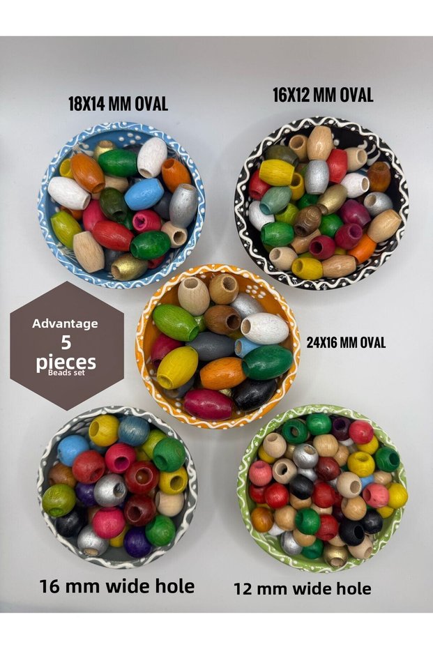 Advantageous Set of 5 Oval and Wide Hole Round Wooden Beads (50 Grams) Mixed Color Macrame