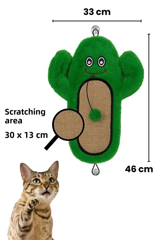 سجادة خدش للقطط من القطيفة على شكل صبار، سطح من الجوت، مع صوت خشخشة، مزودة بألعاب بومبوم، وقابلة للتثبيت. - 5