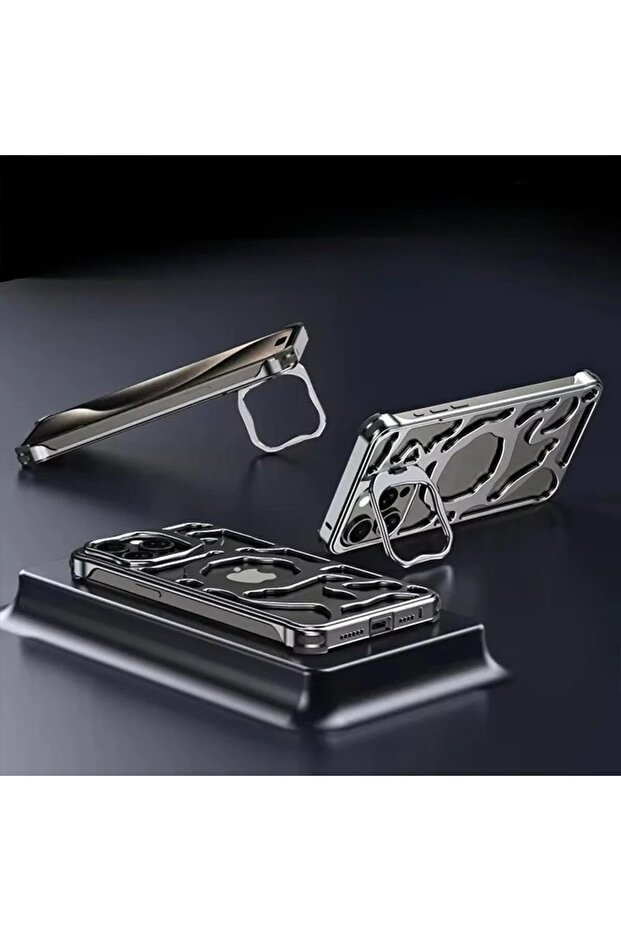 Phone Case for iPhone 16, Phone Holder Function, Cooling Function, Shockproof, Metallic, Silver - 3