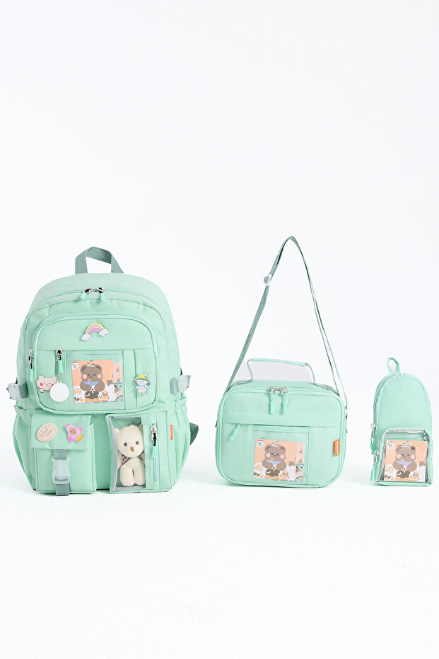 Roxbros Kawaii Kore Tarzı Aksesuarlı 3'lü Set Çocuk İlkokul Çantası Kalemlikli Beslenme Çantalı Sırt Çantası