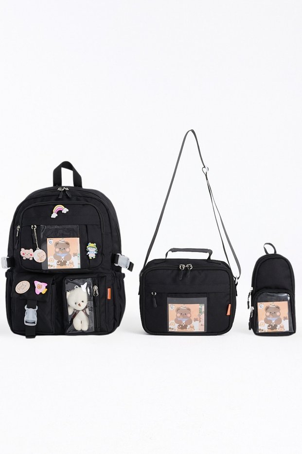 Kawaii Korean Style Set of 3 with Accessories Children's Primary School Bag Backpack with Pen Holder and Lunch Bag