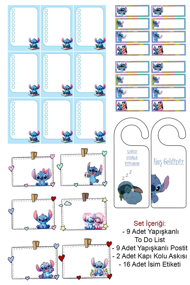Stitch Desenli Kırtasiye Seti, Yapışkanlı To Do List + İsim Etiketi + Kapı Kolu Askısı + Post It - 1