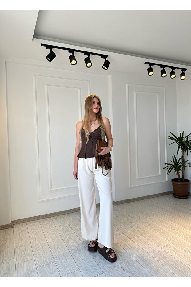 Beli Lastikli Bol Paça Pantolon - Taş - 8