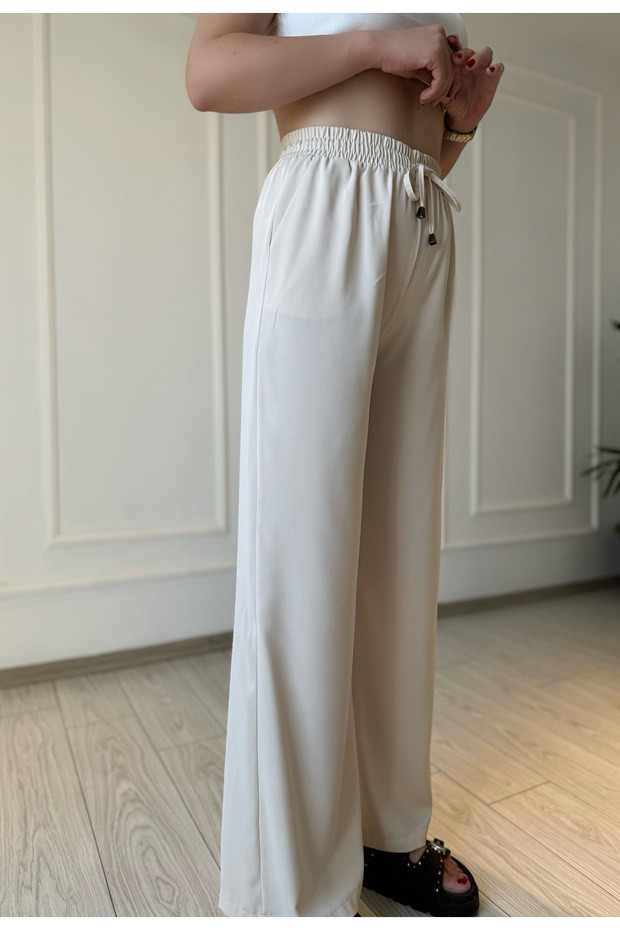 Beli Lastikli Bol Paça Pantolon - Taş - 2