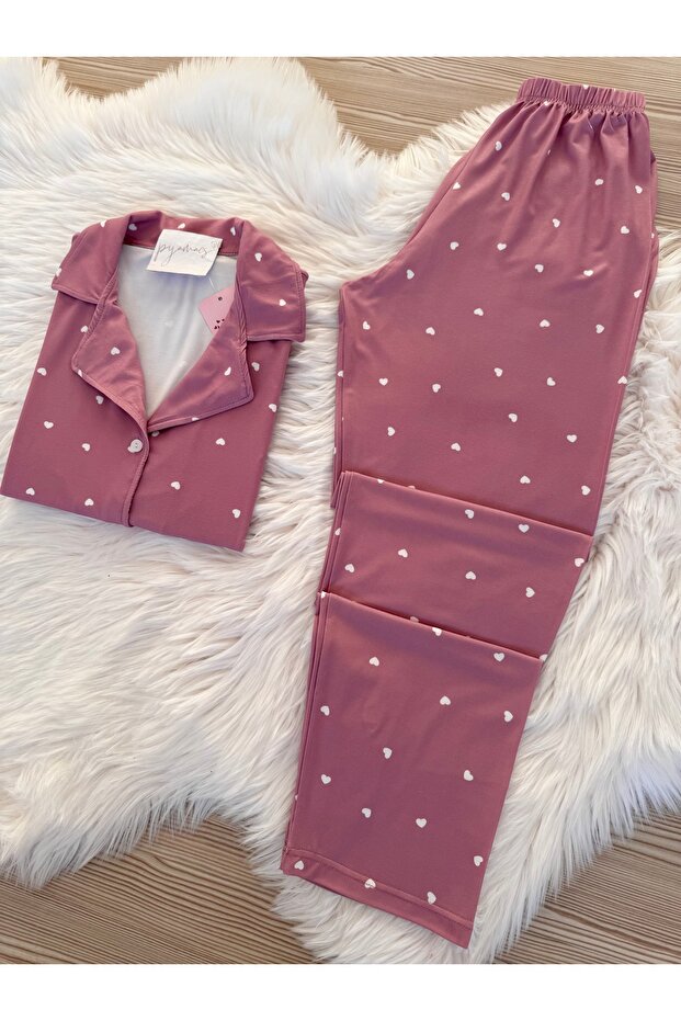 Gül Kurusu Minik Kalp Desenli Uzun Kol Yumuşak Hissiyatlı Pijama Takımı - 4