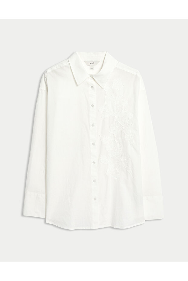 Saf Pamuklu Aplikeli Düğmeli Gömlek - 7