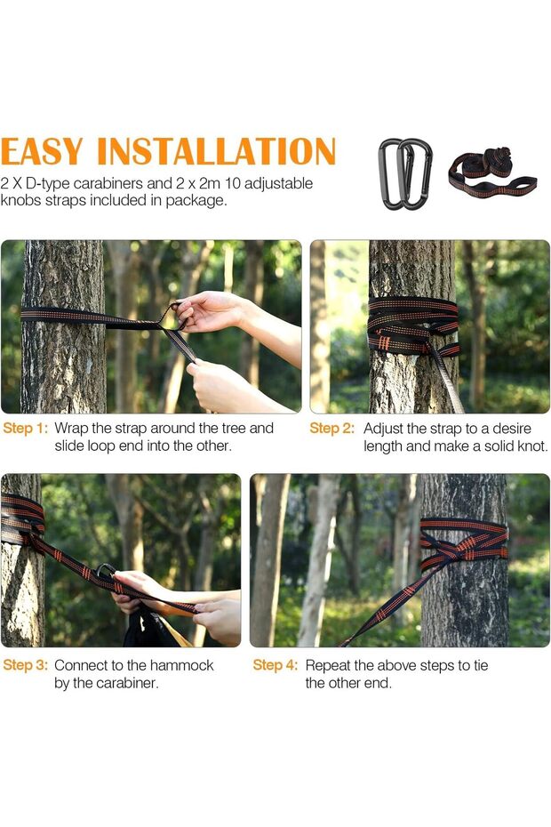 Camping Hammock Net Travel Portable Lightweight Hammocks Tree Straps Solid D Shape Carabiners - 5