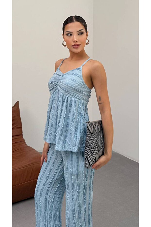 13962 - Textured Strap Top and Wide Leg Pants Set