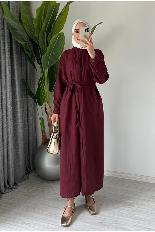 Women's Long Summer Muslin Thin Tunic Burgundy Overcoat