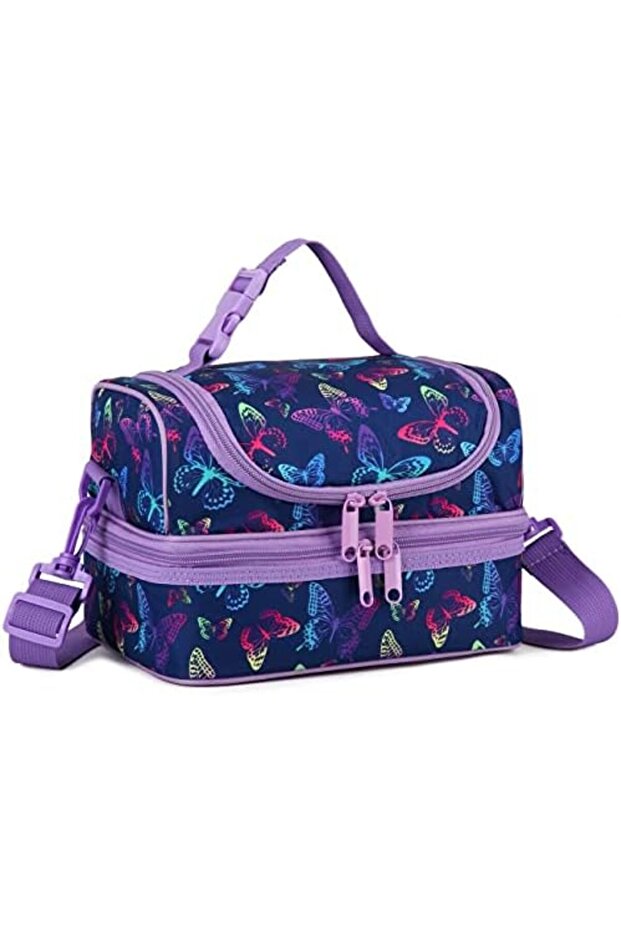 Lunch Box Bag Kids, Insulated Two Compartments Cooler Bags for Boys Girls w Shoulder Strap fo