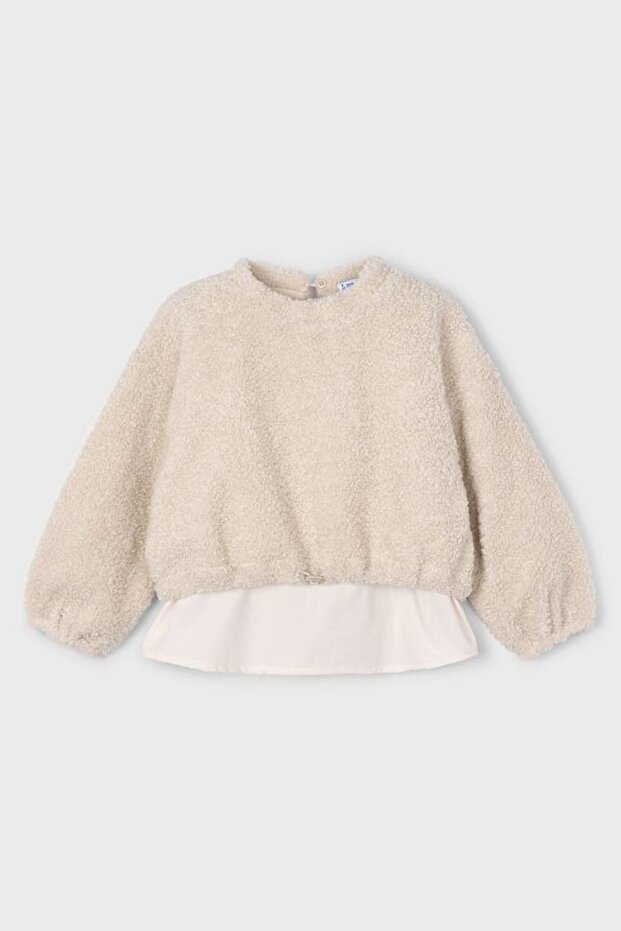 Girl's Hem Shirt Look Plush Sweatshirt - Beige