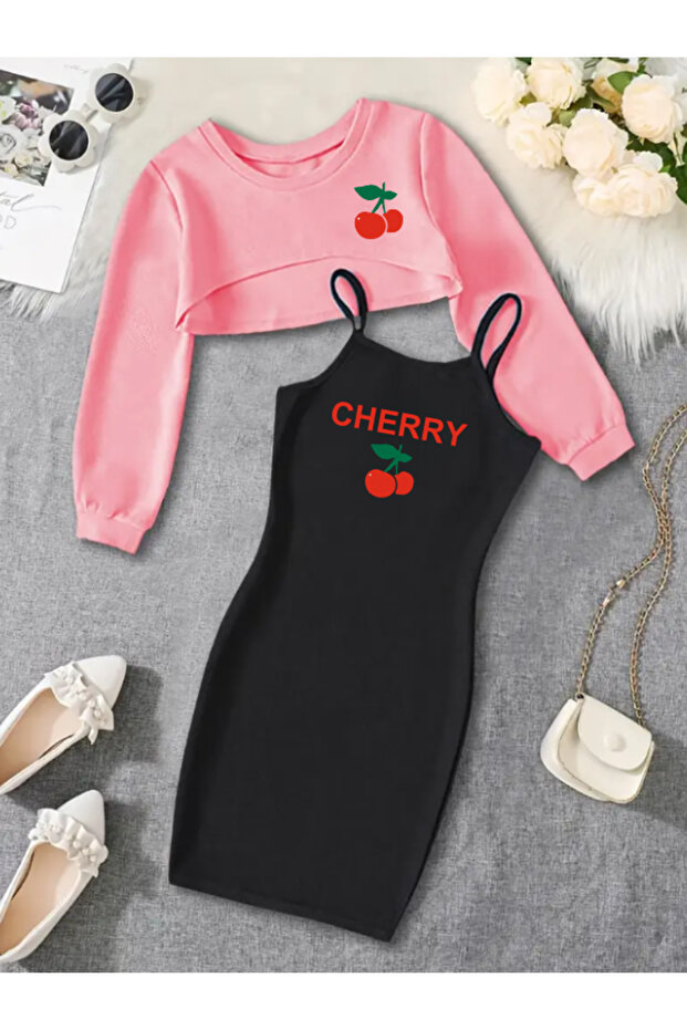 Kız Çocuk Cherry Baskılı Elbiseli Süpercrop 2'Lİ Takım - 1