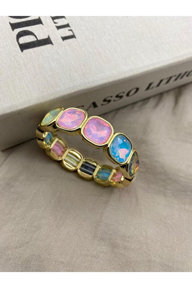 Mixed Color Crystal Stone, Gold, Elastic, Baguette Model Bracelet
