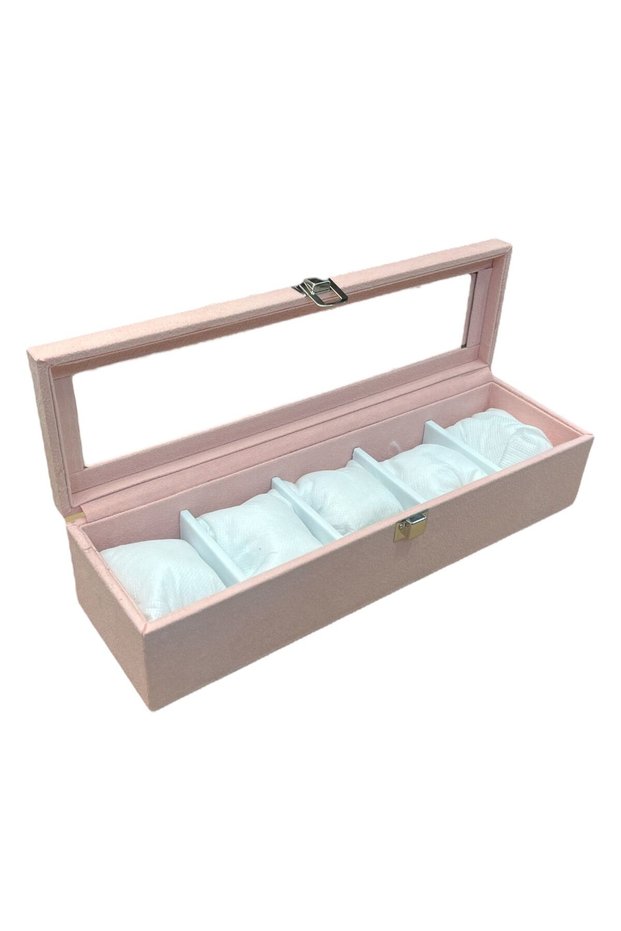 5 Compartment Watch Box with Glass Cover – Handmade, Faux Leather, Alcantara Pink