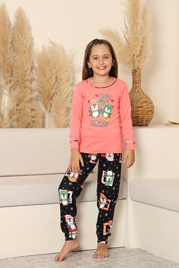 Pink Color Girls' Pajama Set with Long Sleeves, Crew Neck and Interlock Penguin