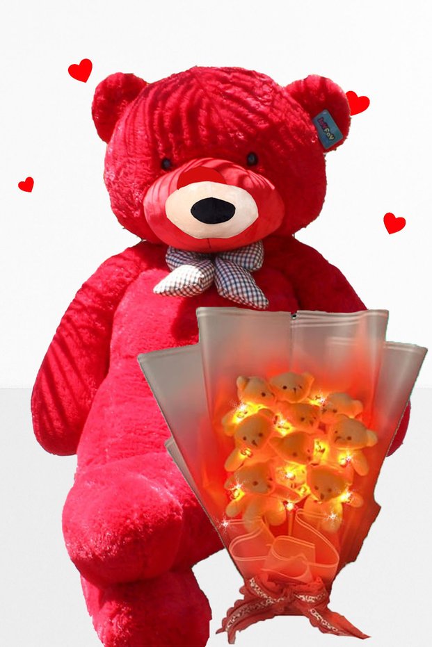 Delux 90 cm Plush Bear and 9-Piece Romantic Plush Teddy Bouquet with Led Lights Gift Set for Your Lover - Girl
